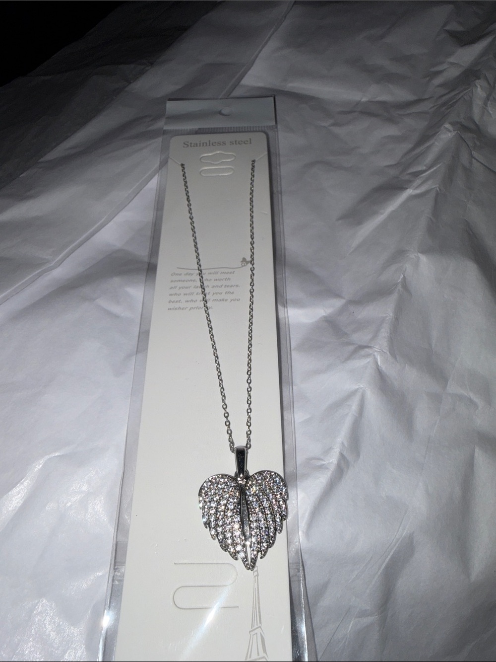 Stainless Steel Silver Crystal Angel Wing Pendant Necklace